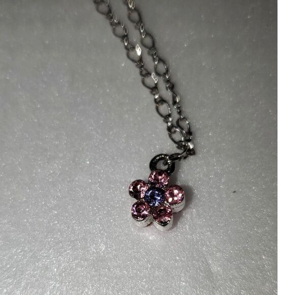 A Cookie Lee Ankle Bracelet Pink Rhinestone Flower Charm Silver Tone Chain - Picture 8 of 11